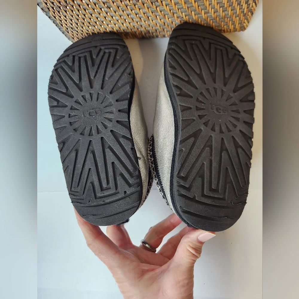 UGG Tazz Leather Faux Fur Lined Metallic Silver Indoor/Outdoor Clog Slippers